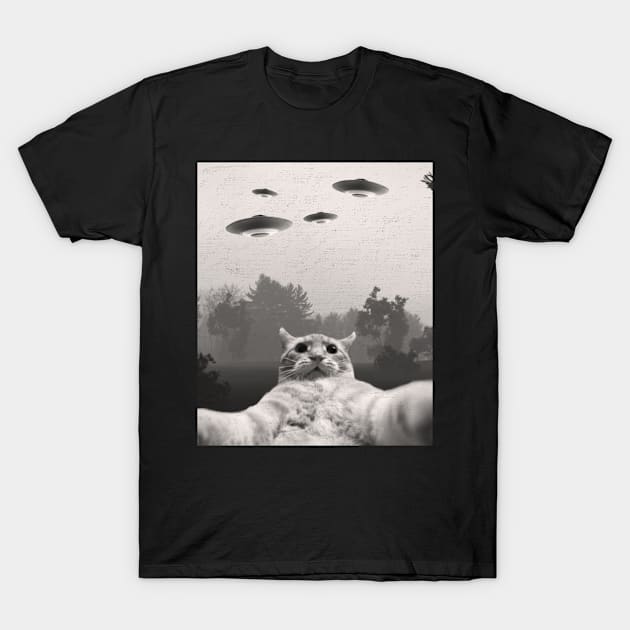 Funny Cat Selfie with UFOs T-Shirt by larfly